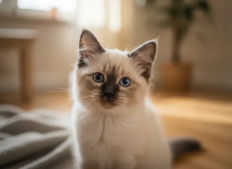 Beautiful blue-eyed Ragdoll kitten close-up