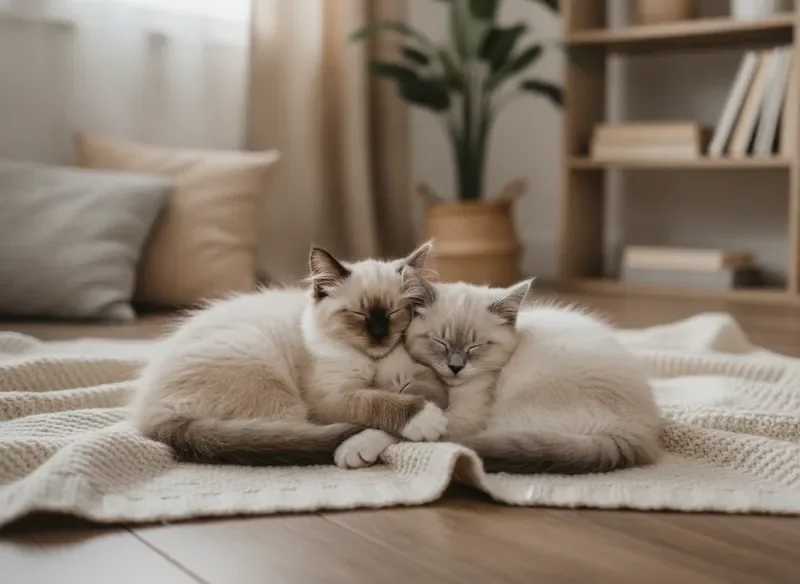 Two Ragdoll kittens cuddling on a blanket