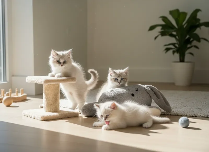 Litter of Ragdoll kittens exploring a room