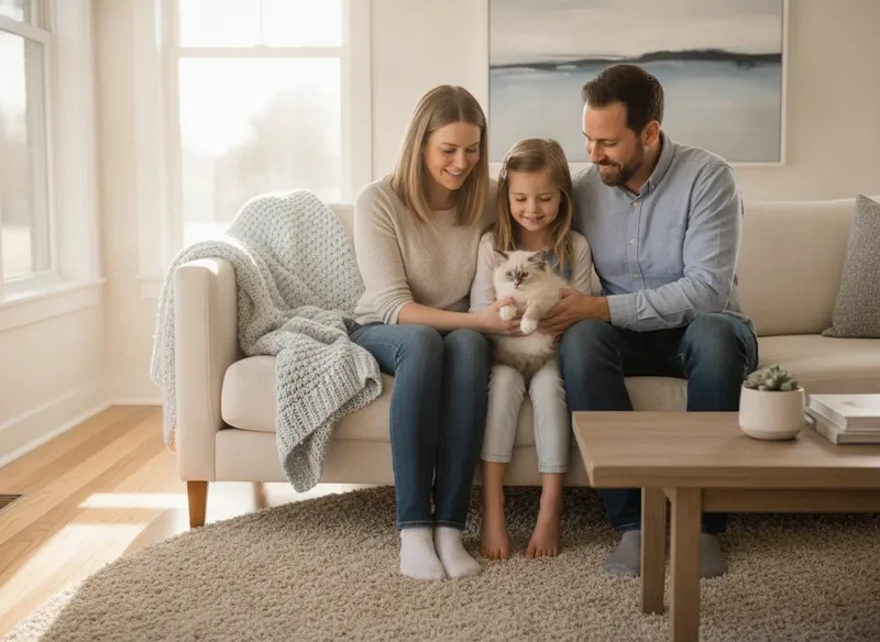 Family bonding with a Ragdoll kitten