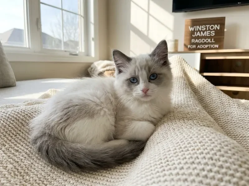 Affectionate blue-eyed Ragdoll kitten in a family home